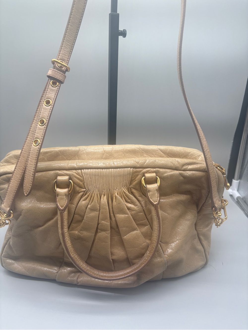Miu Miu Beige Gathered Leather Satchel Shoulder Crossbody Bag